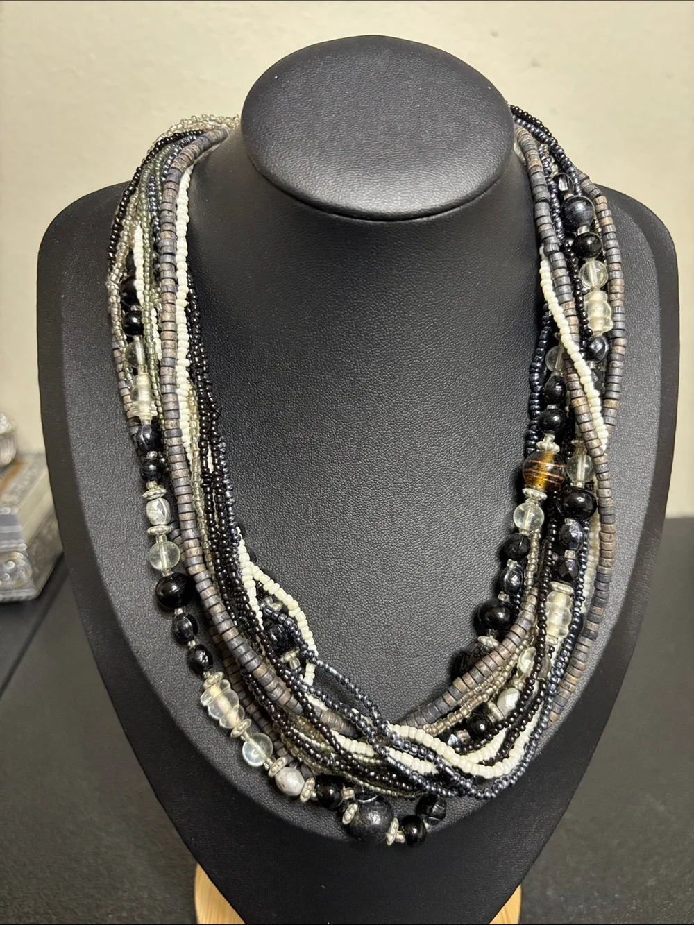 Multi-Strand Mixed Media Glass Wood  Black Gray Beaded Statement Necklace